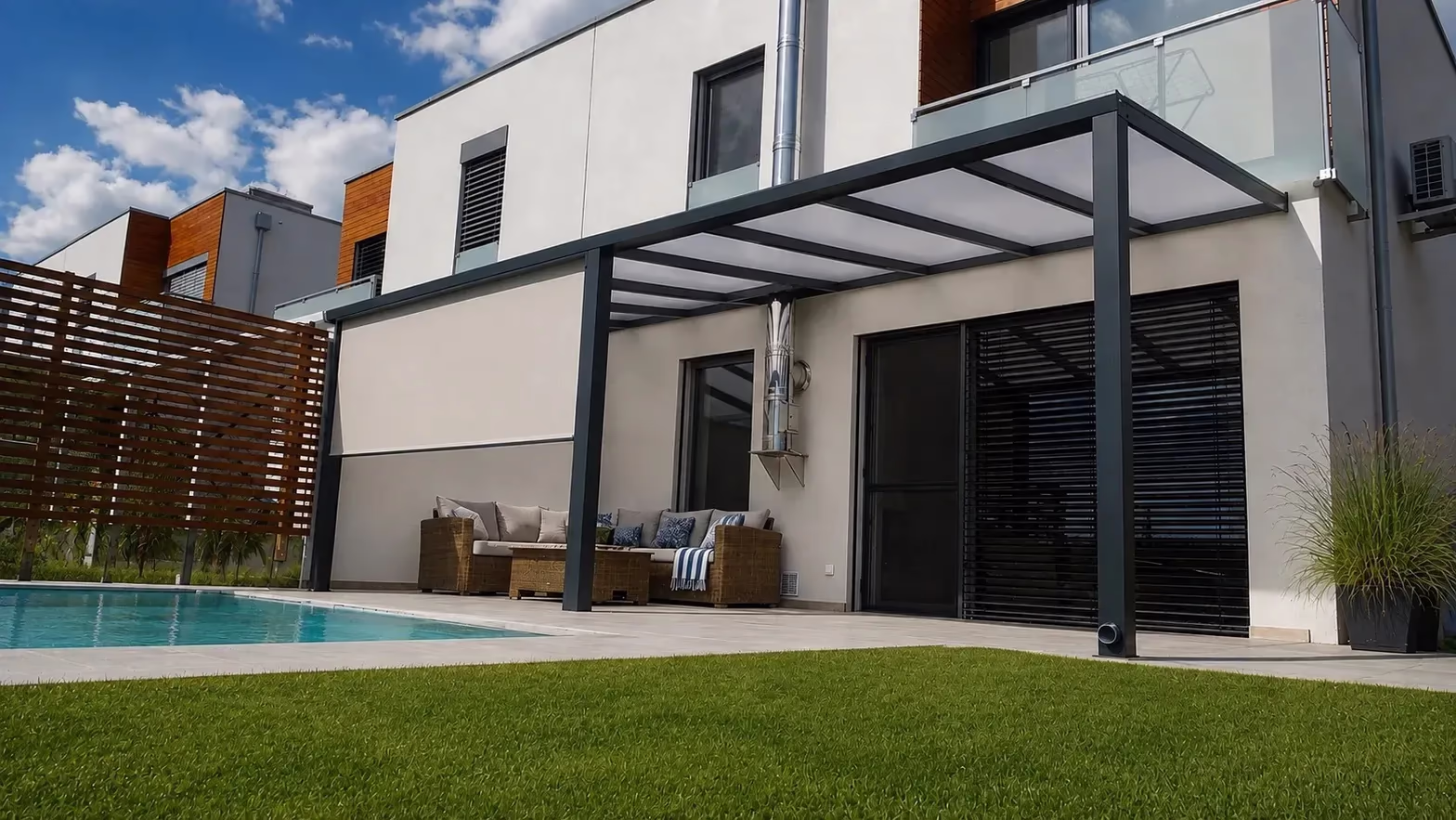 Antracit Basic Class alumínium pergola medence mellett rattan üléssel