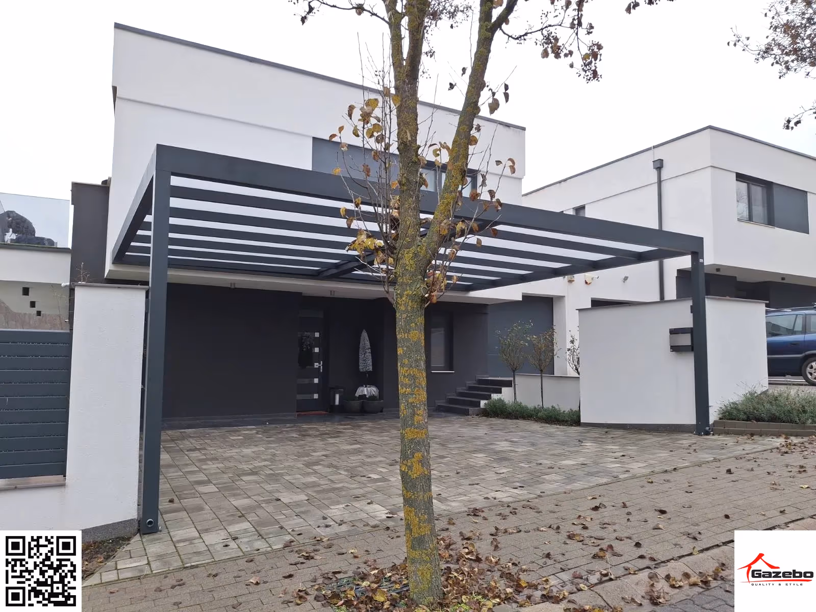 Alumínium carport oldalpanelekkel és LED-világítással