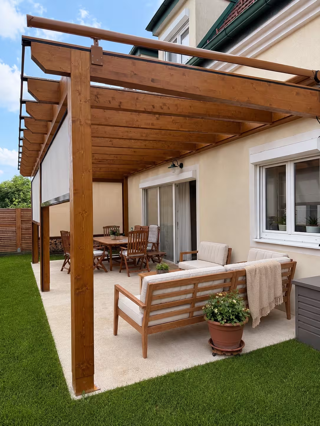 Kartago fa pergola screen árnyékolókkal és kerti ülőhellyel