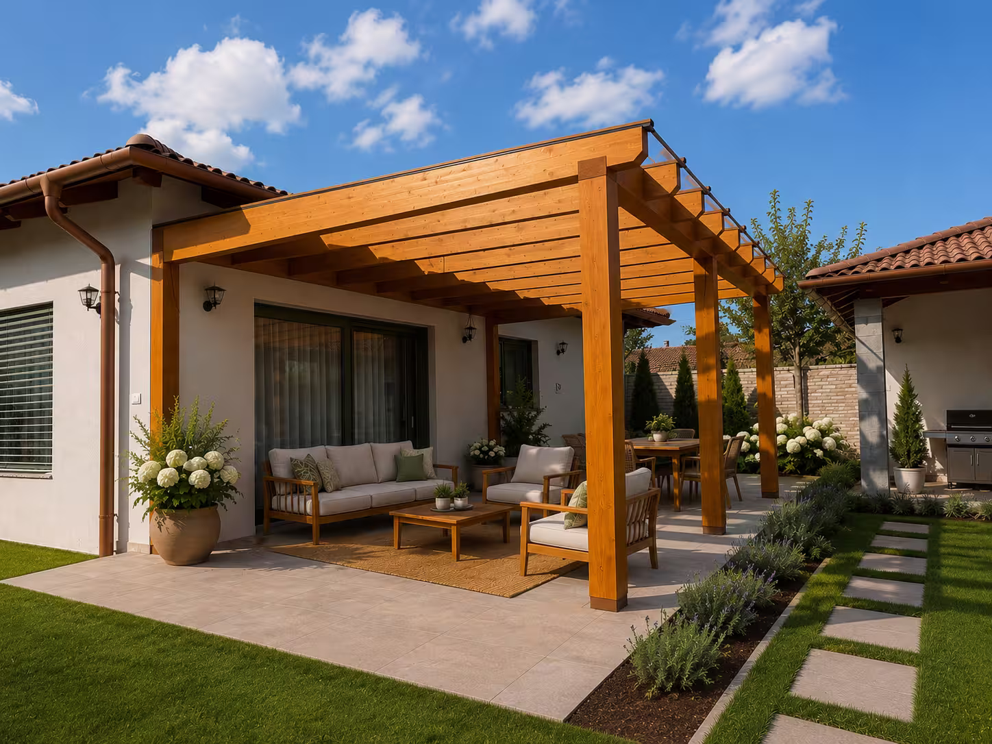 Kartago fa pergola nyeregtetővel egy terasz felett