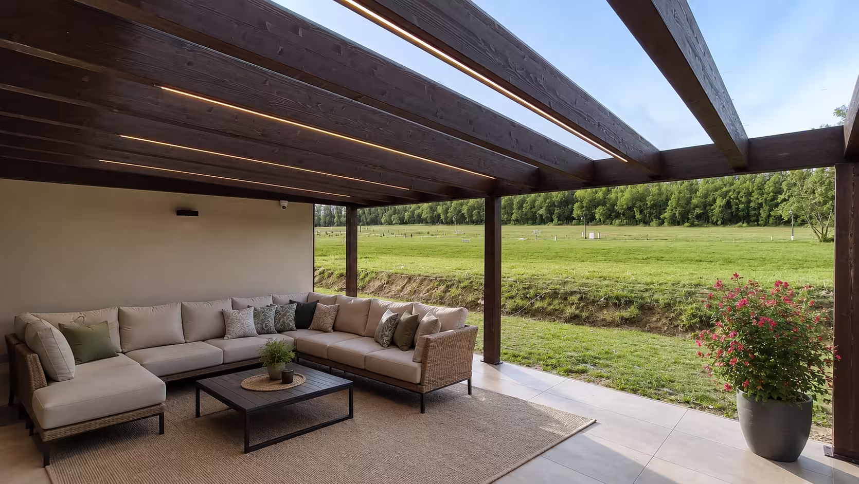Milano fa pergola beépített LED-világítással és sarokülőgarnitúrával